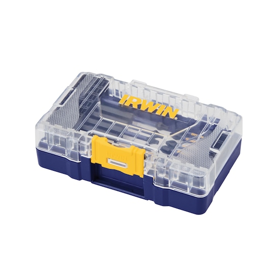 IRWIN transparent and blue tool organizer with yellow latch, SKU IWAF1320, angled photo on white background.