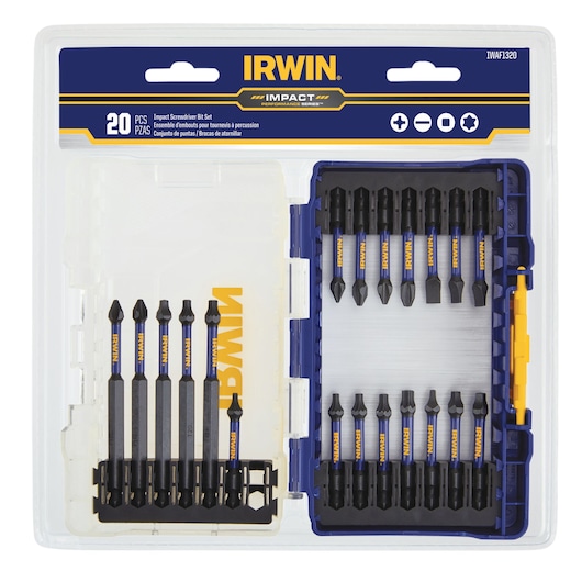 Photo of IRWIN IWAF1320 20-piece impact screwdriver bit set in plastic case, bits organized in black and blue slots, top view.