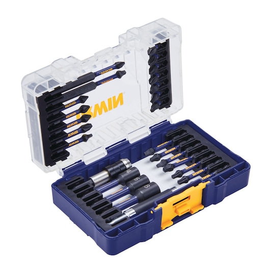 IRWIN IWAF1326 bit set in blue and yellow plastic case, open and angled to show assorted screwdriver bits and holders.