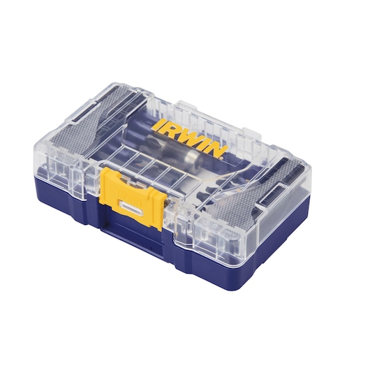 Photo of IRWIN IWAF1326 blue and yellow small tool case with clear lid, angled on white background.