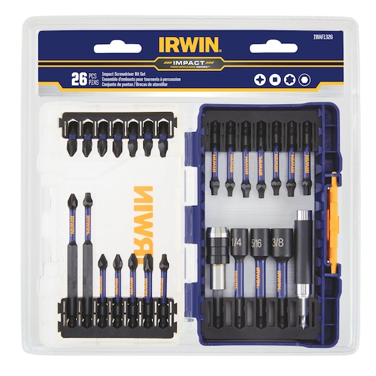 IRWIN IWAF1326 26-piece impact screwdriver bit set in blue and clear plastic case, front angle.