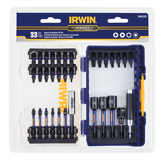 IRWIN IWAF1333 33-piece impact screwdriver bit set in plastic case, shown from top angle on white background.