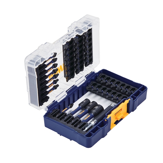 IRWIN IWAF1347 drill and screwdriver bit set in a blue plastic case with clear lid, shown angled on white background.