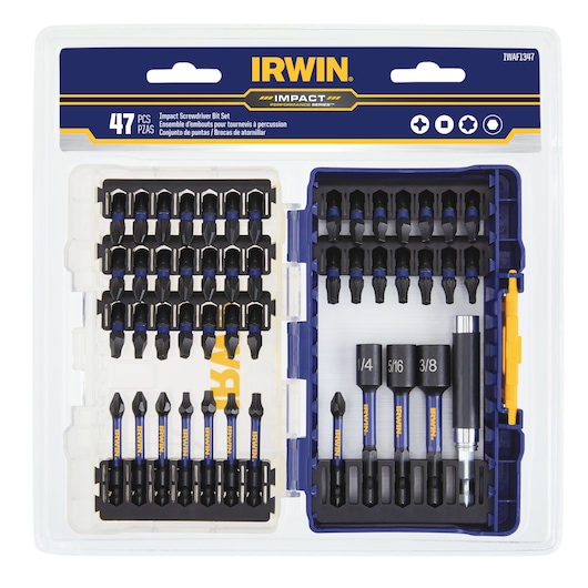 IRWIN 47-piece impact screwdriver bit set IWAF1347 in plastic storage case, top-down angle, photography of bits organized in compartments.