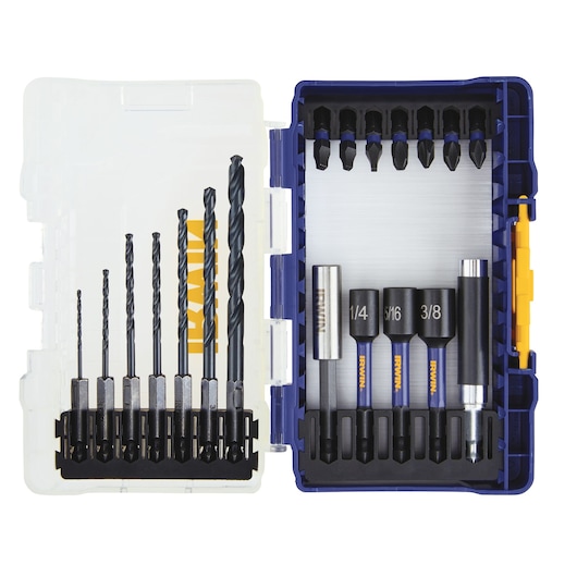 IRWIN drill and driver set IWAFM1319, assortment in open blue and yellow case, photographed from above.