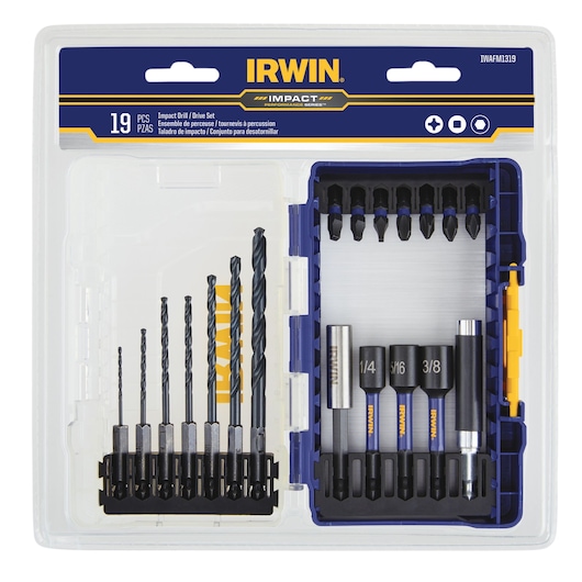 IRWIN 19-piece impact drill and drive set IWAFM1319 in plastic packaging, showing assorted drill and driver bits.