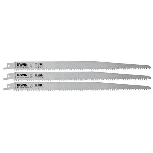 Photo of three IRWIN 12 inch 5/6 TPI reciprocating saw blades, SKU IWAR516P3, arranged side by side on white background.