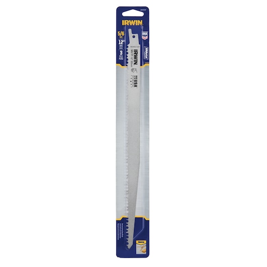 IRWIN IWAR516P3 reciprocating saw blade 3-pack, 12 inch, 5/6 TPI, in retail packaging front angle.