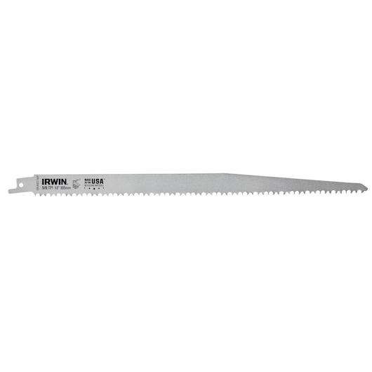 Photo of IRWIN IWAR516P reciprocating saw blade, silver color, straight profile, visible teeth, side angle on white.