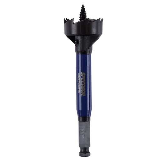 IRWIN IWAX2005 wood drill bit with blue shaft and hex shank, front angle on white background.