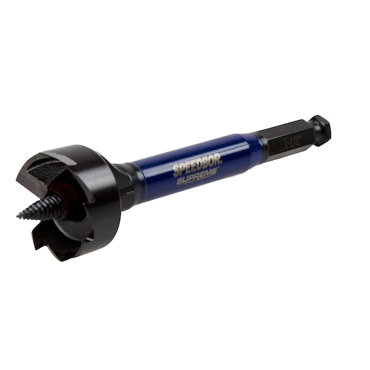 IRWIN IWAX2005 blue and black Speedbor Supreme wood drill bit, angled view on white background.