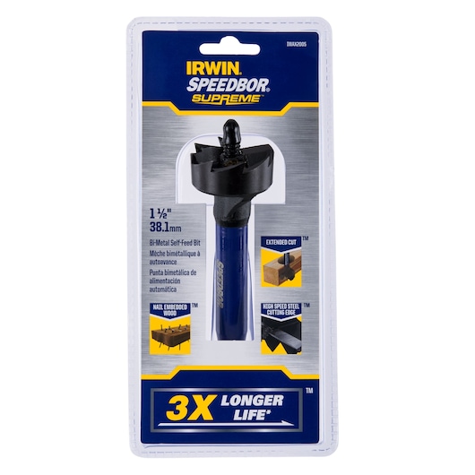 IRWIN IWAX2005 bi-metal self-feed bit in retail packaging, blue and black, 1-1/2 inch, Speedbor Supreme, front view.
