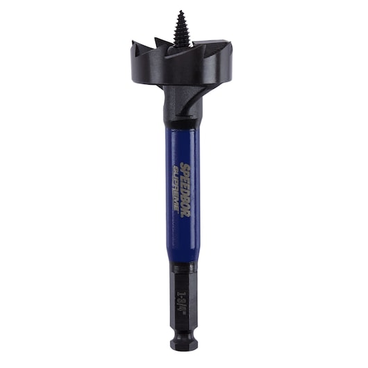 IRWIN IWAX2006 wood drill bit with blue handle, hex shank, and aggressive cutting edges, product on white background.