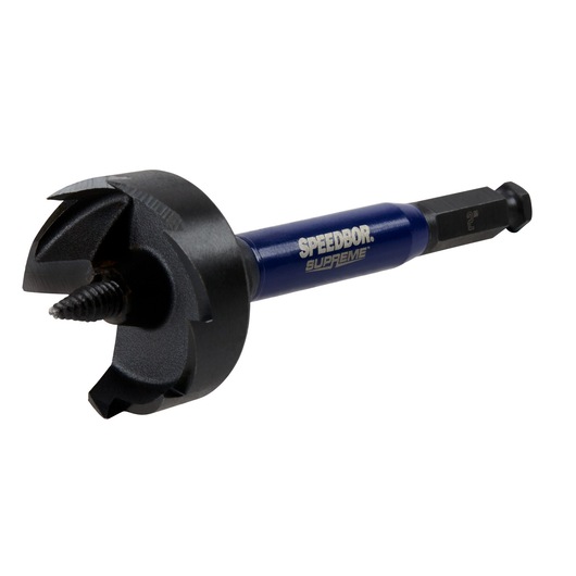 IRWIN IWAX2007 blue and black Speedbor Supreme wood drill bit, side angle, white background.