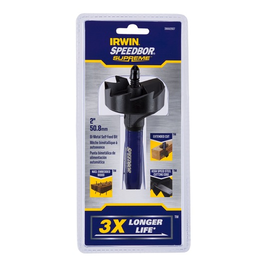 Photo of IRWIN IWAX2007 bi-metal self-feed bit in retail packaging, front angle, Speedbor Supreme 2 inch.