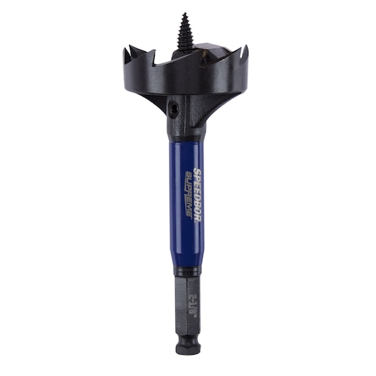 Photo of IRWIN IWAX2008 blue and black wood drill bit with SPEEDBOR SUPREME branding, front angle on white background.