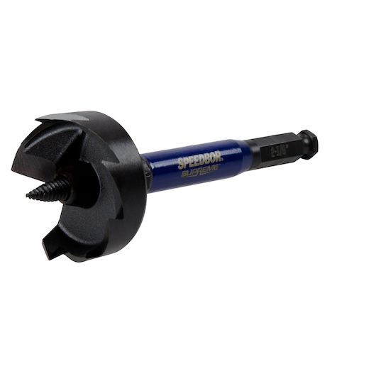 IRWIN IWAX2008 blue and black auger drill bit, Speedbor Supreme, side angle on white background.