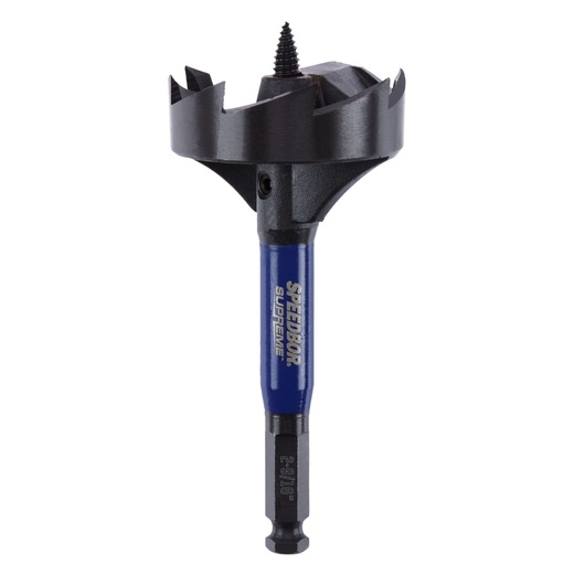 Photo of IRWIN IWAX2009 Speedbor Supreme blue and black wood drilling bit front view on white background.