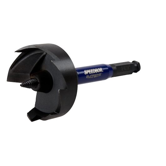 IRWIN IWAX2009 SPEEDBOR Supreme wood drill bit with blue shaft, side angle on white background.