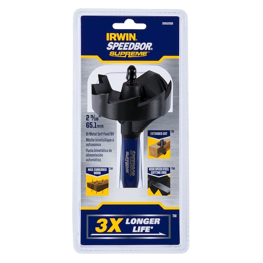 IRWIN Speedbor Supreme bi-metal self-feed bit 2 9/16 inch 65.1mm in retail packaging, front angle IWAX2009.