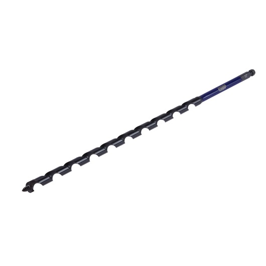 Photo of IRWIN IWAX3006 auger drill bit with blue shaft and spiral black flutes, side angle on white background.