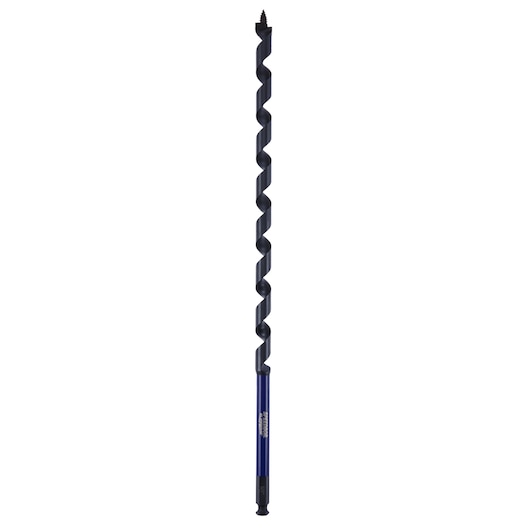 Photo of IRWIN IWAX3007 long blue and black auger drill bit, straight angle, on white background.