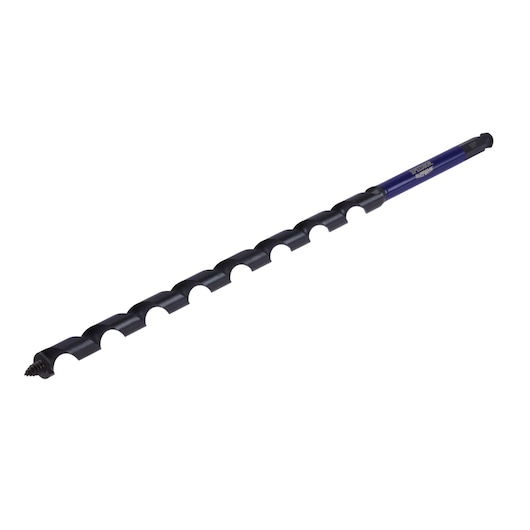 IRWIN IWAX3007 long auger drill bit with spiral flute, side angle, blue and black finish.