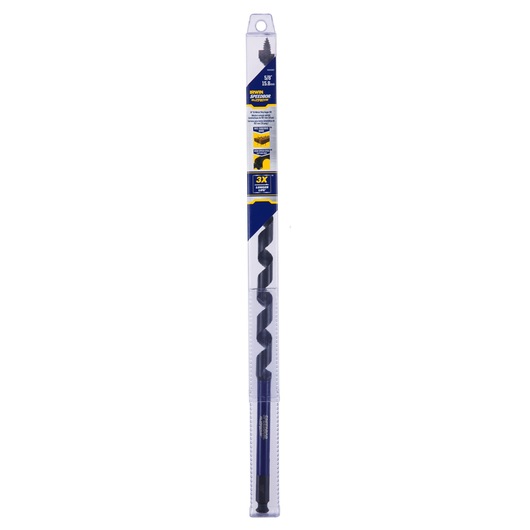 IRWIN auger drill bit IWAX3007 in clear packaging, blue and yellow label, front angle on white background.
