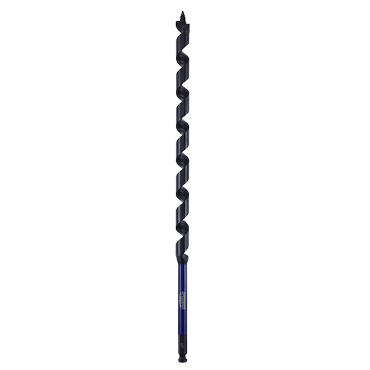 Photo of IRWIN auger drill bit IWAX3008, black and blue, straight-on view on white background.