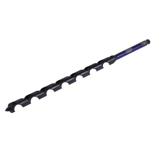 Photo of IRWIN IWAX3008 auger drill bit, long spiral design, black and blue, side angle on white background.