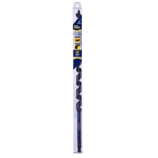 IRWIN auger drill bit IWAX3008 in retail packaging, straight-on angle, black and blue with yellow label accents.