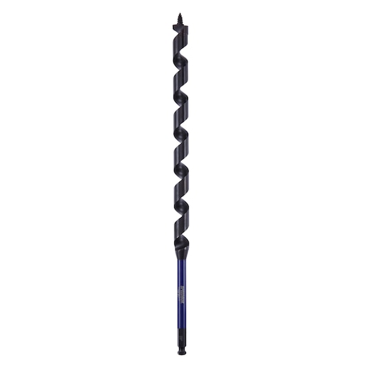 Photo of IRWIN IWAX3009 auger drill bit with hex shank, black spiral and blue base, front view on white background.