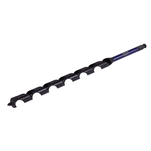 IRWIN IWAX3009 auger drill bit with hex shank, blue and black, side view on white background.