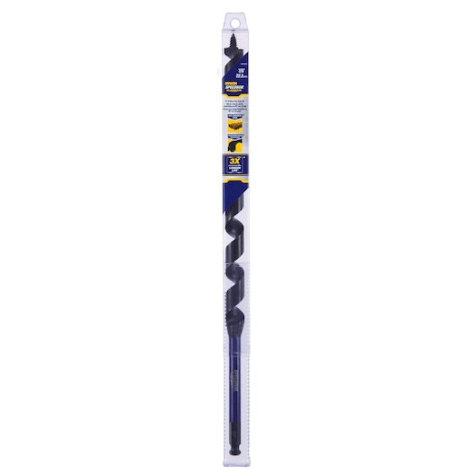 IRWIN auger drill bit IWAX3009 in packaging, long spiral black bit with blue shaft, front view on white background.