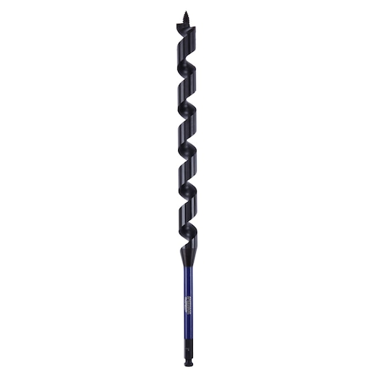 Photo of IRWIN auger drill bit IWAX3010 with spiral flute, black and blue, front view on white background.