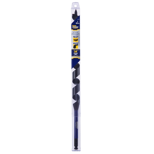 IRWIN long auger drill bit IWAX3010 in retail packaging, clear plastic pack with blue and yellow branding, front view.