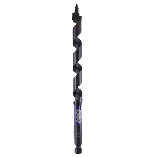 Photo of IRWIN IWAX3015 auger drill bit with hex shank, black finish, upright on white background.