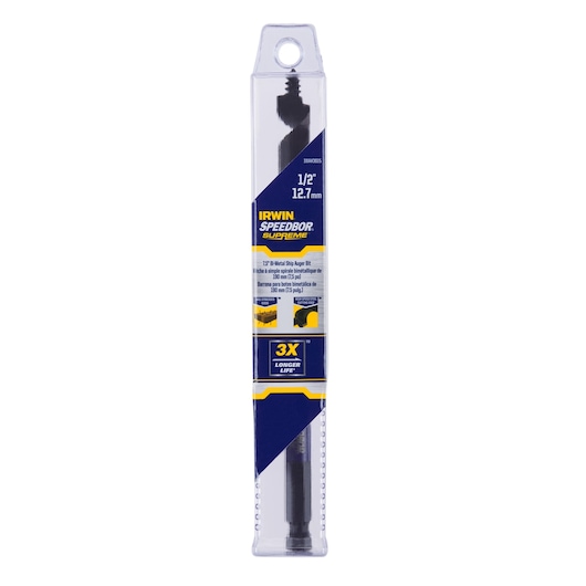 IRWIN 1/2 inch auger bit IWAX3015 in clear retail packaging, front angle, with blue and yellow label.