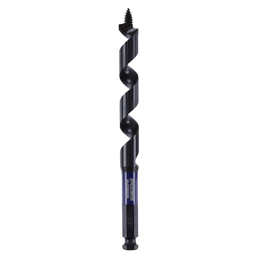 Photo of IRWIN auger drill bit IWAX3016 with hex shank and screw tip, shown upright on white background.