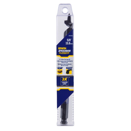 Photo of IRWIN Speedbor Supreme ship auger bit IWAX3016 in retail packaging, front angle, 5/8 inch size.
