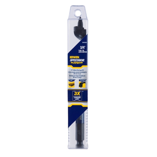 IRWIN IWAX3017 auger bit in plastic packaging, front angle, Speedbor Supreme branding, 3/4 inch size.