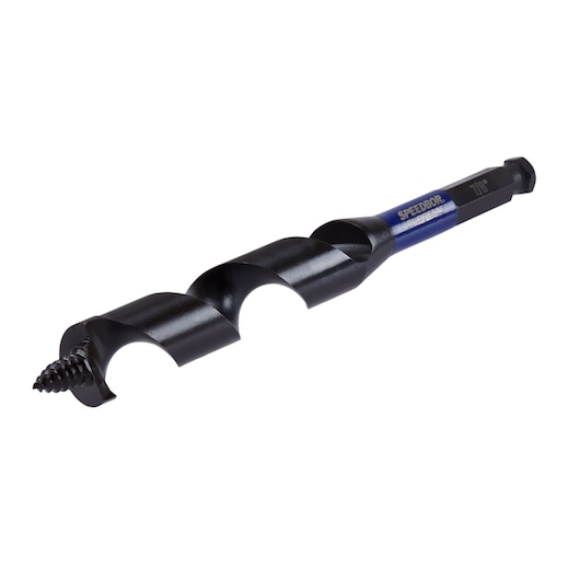 IRWIN IWAX3018 auger drill bit with screw point, black and blue, angled on white background.