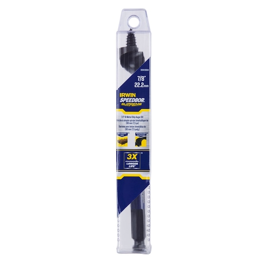 IRWIN 7/8 in. Speedbor Supreme ship auger bit IWAX3018, black and yellow packaging, front angle, on white background.