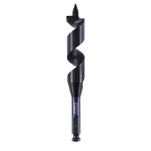 Photo of IRWIN IWAX3019 auger drill bit with hex shank, black and silver finish, straight-on white background.