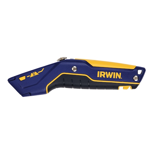 IRWIN IWHT10436 utility knife, blue and yellow, side angle on white background.