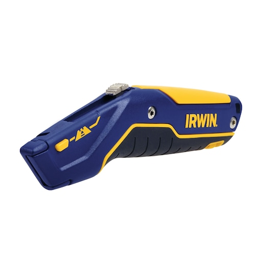 IRWIN IWHT10436 utility knife, blue and yellow ergonomic body, side view on white background.