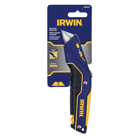 IRWIN retractable utility knife IWHT10436, blue and yellow, bi-material grip, in retail packaging, front angle.