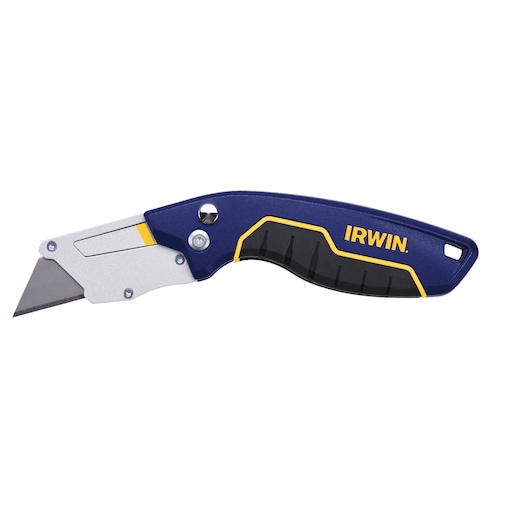 Photo of IRWIN utility knife IWHT10578 with blue and yellow handle, angled left, on white background.