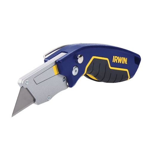Photo of IRWIN folding utility knife IWHT10578, blue and yellow handle, angled on white background.