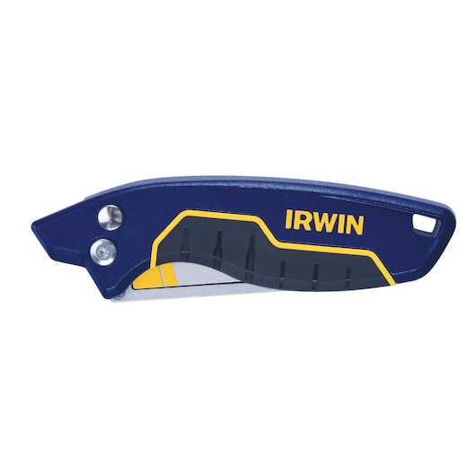 IRWIN IWHT10578 folding utility knife, blue body with yellow accents, side view on white background.